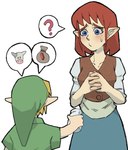 blonde_hair blue_eyes blush bottle breasts brown_hair clothing container duo female hair hat headgear headwear holding_bottle holding_container holding_object humanoid_pointy_ears light_body light_skin male not_furry pointy_ears question_mark rupee simple_background speech_bubble pantsu-ripper nintendo the_legend_of_zelda anju young_link bovid bovine cattle humanoid hylian mammal hi_res pictographics