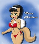 anthro bikini bikini_bottom bikini_top black_hair christmas_clothing clothing female hair holidays santa's_sack smile snow snowing solo swimwear text two-piece_swimsuit mrsrlord christmas nickelodeon t.u.f.f._puppy kitty_katswell domestic_cat felid feline felis mammal 2019 english_text portrait three-quarter_portrait