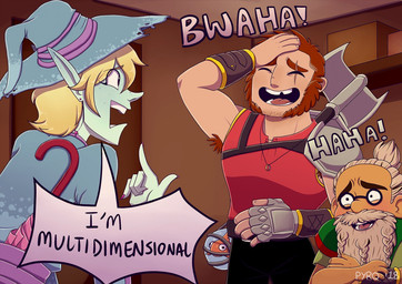 ambiguous_gender armor armpit_hair axe beard body_hair chipped_tooth clothed clothing dialogue facial_hair feral group hair hat headgear headwear humanoid_pointy_ears laugh male not_furry pointy_ears scene_interpretation shirt smile speech_bubble teal_body topwear umbrella witch_hat pyropaws the_adventure_zone the_adventure_zone_(comic) the_mcelroy_family magnus_burnsides merle_highchurch taako aquatic dwarf elf fish human humanoid mammal digital_media_(artwork)