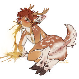 anthro antlers anus balls bodily_fluids brown_body brown_fur brown_hooves emetophilia femboy fur genitals green_eyes hair hooves horn male male_anthro markings messy_hair narrowed_eyes nude open_mouth orange_body orange_fur perineum raised_tail red_hair red_tongue short_hair simple_background solo spots spotted_body spotted_fur spotted_legs spotted_markings spotted_shoulders spotted_tail tail tail_anus tail_markings tan_antlers tongue tongue_out vomit vomit_on_ground vomit_on_self vomiting white_background white_body white_fur white_spots lostgoose deer mammal 2024 hi_res