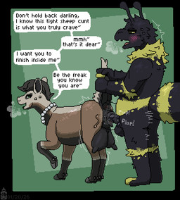 anthro anthro_on_feral anus balls bedroom_eyes bestiality bestiality_humiliation black_body black_fur black_teats brown_body brown_fur duo female feral feral_corruption feral_penetrated fur genitals interspecies male male/female male_on_feral narrowed_eyes nipples penetration raised_tail seductive sex tail teats vaginal vaginal_penetration yellow_body yellow_fur mustard_(welcometothevoid) arthropod bee bovid caprine hymenopteran insect mammal sheep digital_media_(artwork) pixel_(artwork)