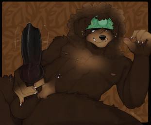 accessory afro animal_genitalia animal_penis anthro balls bandanna_on_forehead black_penis blue_eyes bodily_fluids brown_background brown_body brown_eyes brown_fur canine_genitalia canine_penis claws curly_hair ear_piercing fingerless_(marking) floppy_ears fur genital_fluids genitals hair headband heterochromia holding_own_sheath holding_sheath knot knot_root_grab male navel navel_piercing nipples orange_body orange_fur pawpads penis piercing precum pubes shaking_penis sheath simple_background smile snaggle_tooth solo spread_legs spreading stocky text cerberussenn yves_nicholas_(cerberussenn) canid canine canis domestic_dog livestock_guardian_dog mammal molosser mountain_dog pastoral_dog tibetan_mountain_dog absurd_res english_text hi_res signature
