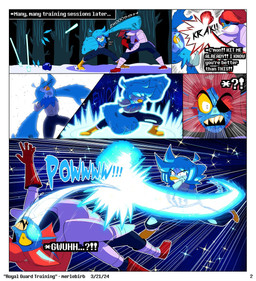 anthro armor beak biped blue_body blue_feathers blue_hair blue_scales bowling_ball charging_up clenched_teeth close-up clothed clothed_anthro clothing dialogue dodging duo exclamation_point eye_patch eyebrow_through_hair eyebrows eyewear feathers female fight fist hair melee_weapon onomatopoeia polearm punch question_mark red_hair scales shadowed_eyes sharp_teeth simple_background sound_effects spear surprised_expression teeth text translucent translucent_hair weapon white_background wide_eyed winged_arms wings yellow_sclera merlebirb_(artist) undertale_(series) undertale_yellow martlet_(undertale_yellow) undyne animal_humanoid avian bird fish fish_humanoid humanoid marine marine_humanoid 2024 comic digital_drawing_(artwork) digital_media_(artwork) english_text hi_res