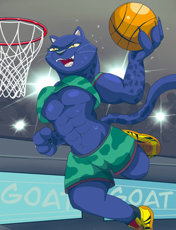 abs anthro ball basketball_(ball) basketball_hoop basketball_uniform big_breasts bodily_fluids breasts camera_flash clothing female footwear markings muscular muscular_anthro muscular_female open_mouth open_smile shoes smile solo sportswear spots spotted_body sweat tail text under_boob uniform whiskers zebra10045 goat_(movie) sony_corporation sony_pictures jett_fillmore felid mammal pantherine english_text hi_res