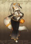 anthro armwear big_breasts biped blush breasts bucket clothed clothing container diamonds_(suit) elbow_gloves female fur gloves grey_hair hair handwear holidays huge_breasts kemono long_hair looking_at_viewer midriff navel orange_eyes ponytail smile solo standing suit_symbol text wide_hips sabakamen halloween muramasa:_princess_commander silicon_studio asahina_yasuyoshi canid canine mammal japanese_text