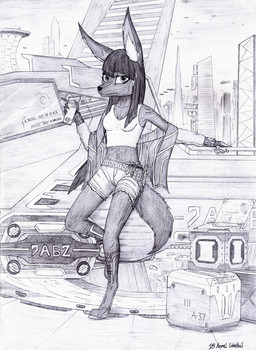 anthro boots clothed clothing footwear future shoes solo azural_cobaltros jaquie_murrong canid canine canis jackal mammal greyscale hi_res monochrome