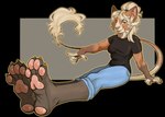 4_toes anthro barefoot black_background blonde_hair bottomwear breast_outline brown_body claws clothed clothed_breasts clothing covered_breasts feet female foot_focus gesture hair hair_up hand_gesture hindpaw humanoid_feet pants pawpads paws pink_pawpads plantigrade pointing pointing_at_foot presenting shirt simple_background sitting soles solo tail tail_tuft toe_claws toes topwear tuft evanrude felid feline mammal