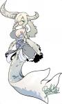 big_breasts blonde_hair blue_eyes breasts clothing dress female fin grey_body grey_scales hair horn long_hair scales scarf side_boob smile split_form yoshida_hideyuki capcom monster_hunter ceadeus elder_dragon marine merfolk hi_res signature watermark