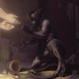 4_toes alley anthro balls bandage black_nose bodily_fluids claws crying duo feet genitals green_eyes kindness love male nude open_mouth penis religion scar scared slave solo_focus tears toe_claws toes fuzzle_(artist) felid human mammal pantherine 1:1 2019 hi_res