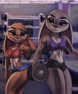anthro athletic athletic_anthro athletic_female athletic_wear blurred_background bottomwear breasts clothing dumbbell duo exercise exercise_clothing eyeshadow female floppy_ears green_eyes gym half-closed_eyes holding_object hotpants inside makeup midriff narrowed_eyes navel purple_eyes shirt shorts smile standing tank_top text thick_thighs topwear weights aozee disney zootopia fan_character jenna_hopps judy_hopps lagomorph leporid mammal rabbit 2021 artist_name digital_media_(artwork) shaded sibling_(lore) sister_(lore) sisters_(lore)