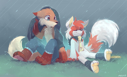 anthro black_nose blue_eyes bottomwear brown_body brown_fur cheek_tuft clothed clothing duo ears_down eyes_closed facial_tuft featureless_crotch feet fur grass grey_bottomwear grey_clothing grey_pants happy head_tuft hindpaw male orange_body orange_fur pants pants_only pawpads paws pink_pawpads pivoted_ears plant plantigrade raining sitting sitting_on_ground smile snout tail topless tuft wet wet_body wet_fur white_body white_fur yellow_inner_ear yellow_pawpads zipper yassui ailurid canid canine fox mammal red_fox red_panda true_fox 2014 digital_media_(artwork) digital_painting_(artwork) painting_(artwork) shaded female_(lore)