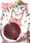 anthro apron belly big_belly blue_eyes blush cake clothing cute_fangs dessert fangs food fur heart_symbol humanoid_hands kemono male overweight overweight_anthro overweight_male sitting solo teeth white_body white_fur ptcmtr lifewonders tokyo_afterschool_summoners licho_(tas) felid mammal pantherine tiger 2020 hi_res