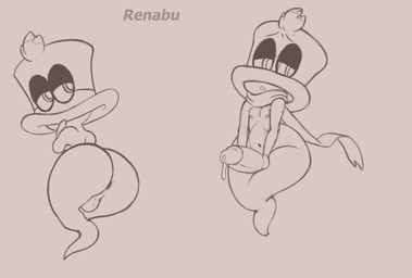 anthro anthrofied anus backsack balls big_penis bodily_fluids butt clothing cum erection genital_fluids genitals hair hat headgear headwear male not_furry penis scarf simple_background solo renabu mario_bros nintendo super_mario_odyssey cappy_(mario) bonneter ghost mammal spirit 2018 absurd_res digital_media_(artwork) hi_res