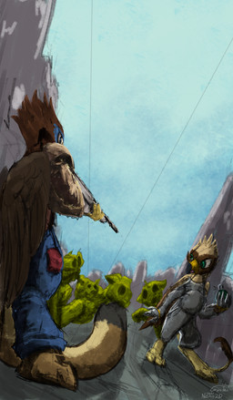 alternate_universe anthro armor avian_feet beak blue_markings brown_body cat_tail countershading explosives eye_markings facial_markings feathered_crest feathered_wings feathers female green_eyes grenade gun head_crest head_markings markings mask_(marking) paws ranged_weapon tail tail_tuft tan_body tuft weapon wings yellow_body gyrotech nemo2d fallout fallout_equestria microsoft mythology saewin serilde avian felid feline ghoul_(fallout) gryphon lynx mammal mythological_avian mythological_creature absurd_res hi_res