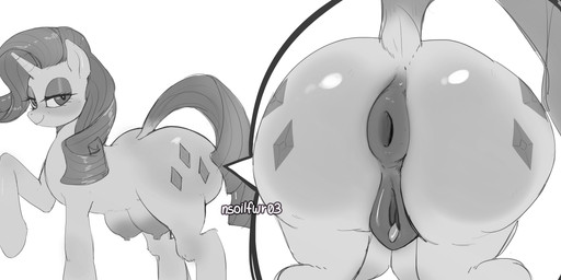 1_horn animal_genitalia animal_vulva anus bedroom_eyes big_butt big_teats blush butt clitoris cutie_mark dock_(anatomy) equine_anus equine_genitalia equine_vulva female feral fur genitals hair hooves horn huge_butt looking_at_viewer narrowed_eyes puffy_anus raised_hoof rear_view seductive side_view solo tail tail_anus teats thick_thighs vulva prisonsong03 friendship_is_magic hasbro my_little_pony mythology rarity_(mlp) equid equine mammal mythological_creature mythological_equine unicorn absurd_res greyscale hi_res monochrome