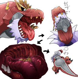 3_toes ambiguous_gender belly biped black_claws black_sclera bodily_fluids breath brown_body brown_fur claws contextual_arrow directional_arrow duo extreme_size_difference falling fangs feet feral front_view fur in_mouth lying markings mouth_shot on_back open_mouth oral_vore paws quadruped red_body red_scales saliva scales sequential_arrow sharp_teeth side_view simple_background size_difference soft_vore solo_focus standing swallowing tan_body tan_fur tears teeth text toes tongue tongue_out vore white_background white_body white_skin hiore nintendo pokemon dinosaur eevee fossil_pokemon generation_1_pokemon generation_6_pokemon pokemon_(species) prehistoric_species reptile scalie tyrantrum 2019 absurd_res digital_drawing_(artwork) digital_media_(artwork) hi_res japanese_text multiple_scenes