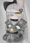 accessory amber_eyes anthro armor big_eyes black_bow blush bodily_fluids bomb_collar bow_ribbon cat_smile chibi clothed clothed_anthro clothed_female clothing collar female female_anthro feral full_armor fur gas_mask grey_hair hair hair_accessory hair_bow hair_over_eye hair_ribbon hazard_symbol headgear helmet holding_armor holding_headgear holding_helmet holding_object kemono machine mask one_eye_obstructed power_armor radiation_symbol ribbons sad sad_smile smile solo symbol t-51b_power_armor tears white_body white_fur yellow_eyes vreparty fallout microsoft lagomorph leporid mammal rabbit hi_res smaller_version_at_source unavailable_at_source