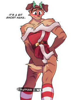 anthro belt blush bulge christmas_clothing clothed clothing covering covering_crotch crossdressing detailed_bulge dress embarrassed erection erection_under_clothing fake_antlers fake_horns genital_outline holidays long_socks male penis_outline solo strapless_clothing strapless_dress jaybeyyy christmas canid canine mammal 3:4 hi_res