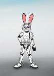 anthro armor female gradient_background grey_background hand_on_hip multicolored_body purple_eyes simple_background smile solo standing two_tone_body redtriangle disney star_wars zootopia judy_hopps stormtrooper lagomorph leporid mammal rabbit absurd_res crossover hi_res