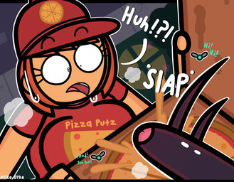 clothing darkened_genitalia darkened_penis duo female feral food genitals hat headgear headwear male male/female penis pizza pizza_girl_(mykendyke) red_clothing red_shirt red_topwear shirt topwear conditional_dnp mykendyke stray_(mykendyke) arthropod domestic_cat felid feline felis fly_(animal) human insect mammal absurd_res hi_res