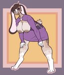 anthro big_breasts bottomwear breasts clothed clothing female fur hair hands_on_knees hands_on_legs hanging_breasts leaning leaning_forward long_sleeves nipples partially_clothed simple_background skirt smile solo standing tail marshbreeze delilah_(breioom) humanoid lagomorph leporid mammal rabbit digital_media_(artwork) hi_res