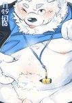 anthro belly blep blue_eyes blush clothed clothing clothing_lift flaccid fupa fur genitals male moobs navel nipples one_eye_closed overweight penis penis_base pinching_belly shirt shirt_lift solo tongue tongue_out topwear white_body white_fur wink maysnowos lifewonders live_a_hero yohack canid canine canis domestic_dog mammal nordic_sled_dog samoyed spitz absurd_res hi_res