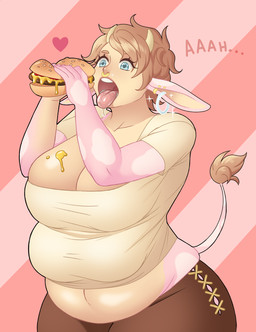 big_breasts blue_eyes bodily_fluids bread breasts brown_hair burger cheese cleavage clothed clothing dairy_products dripping drooling ear_piercing eating facial_piercing female food gold_(metal) hair heart_symbol holding_food holding_object ketchup meat multi_breast mustard navel nose_piercing nose_ring obese obese_female obese_humanoid open_mouth overweight overweight_female overweight_humanoid piercing pink_body pink_skin ring_piercing saliva septum_piercing simple_background solo thick_thighs wide_hips drakthug doris animal_humanoid bovid bovid_humanoid bovine bovine_humanoid cattle_humanoid humanoid hybrid mammal mammal_humanoid