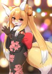 2_tails accessory anthro asian_clothing blonde_hair blush brown_body brown_fur chest_tuft clothed clothing cute_fangs dipstick_ears dipstick_tail ear_markings east_asian_clothing fangs female female_anthro fluffy fur hair hair_accessory japanese_clothing kemono kimono long_hair looking_at_viewer markings multi_tail multicolored_body multicolored_ears multicolored_fur multicolored_hair multicolored_tail open_mouth red_eyes solo tail tail_markings teeth tongue tuft twintails_(hairstyle) white_body white_fur white_hair yellow_body yellow_fur horokusa0519 nio_(horokusa) canid canine fox mammal 2023 digital_media_(artwork) hi_res