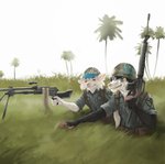 anthro assault_rifle backpack belt_pouch black_hair blue_eyes blue_hair bullet clothed clothing detailed_background duo foxhole_(war) fur grin gun hair m16 m60 machine_gun male military military_clothing military_helmet military_jacket military_uniform orange_eyes outside palm_tree pink_nose plant ranged_weapon rifle sky smile teeth tree uniform vietnam_war weapon white_body white_fur thepimpartist u.s._army american_opossum canid canine canis domestic_dog mammal marsupial 2019 hi_res traditional_media_(artwork)