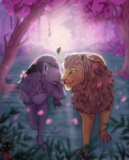 feral flower grass love male mane plant sky standing sun tree deathless_captain_(artist) fallout microsoft eisen_(frostfur101) tab_(thathornycat) felid feline lion mammal night_stalker_(fallout) pantherine absurd_res colored hi_res