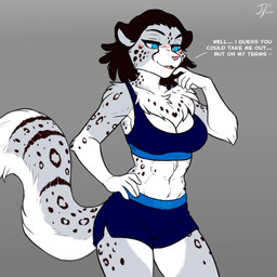 abs anthro arm_tuft athletic athletic_female athletic_wear bedroom_eyes blue_clothing blue_eyes blush blush_lines bottomwear bra branded_clothing breasts chest_tuft cleavage clothed clothing devious_grin dialogue dolphin_shorts dreadlocks elbow_tuft female finger_to_mouth fur grey_background grey_body grey_fur hand_on_hip mature_female narrowed_eyes pink_nose seductive shorts simple_background smug solo sports_bra spots tail teasing text text_on_bottomwear text_on_clothing text_on_shorts thick_thighs tuft underwear white_body white_fur jordanos21 twokinds adira_riftwall felid keidran mammal pantherine snow_leopard 1:1 english_text flat_colors