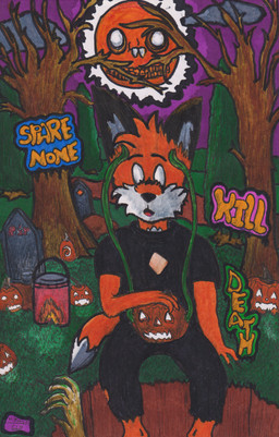 anthro cemetery food fruit graves holidays lamp lantern male moon pen plant possession pumpkin solo tree whispering clb91 halloween canid canine fox mammal absurd_res colored hi_res traditional_media_(artwork)