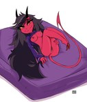 anus bed black_hair breasts clothed clothing clothing_lift female furniture genitals hair hooves horn long_hair lying lying_on_bed on_bed pubes purple_bed pussy raised_leg shirt shirt_lift smile solo tilla_(helluva_boss) topwear spec_almond_(artist) helluva_boss tilla_(vivzmind) demon imp hi_res