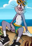 anthro balls beach blush buckteeth clothed clothing erection footwear fur genitals grey_body grey_fur male nipples penis shoes sitting smile solo teeth topless hairlessboyblunder looney_tunes warner_brothers bugs_bunny lagomorph leporid mammal rabbit 2024 absurd_res hi_res