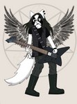 alternative_fashion anthro armband black_hair black_wings boots clothing corpse_paint ear_piercing feathered_wings feathers footwear guitar hair long_hair male metal_hair metalhead musical_instrument occult_symbol pentagram piercing plucked_string_instrument shoes solo string_instrument symbol wings unknown_artist abbath black_metal immortal_(band) silly_cat_(mauzymice) domestic_cat felid feline felis mammal absurd_res hi_res