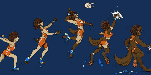 anthro ball border breasts brown_body brown_fur brown_hair butt claws clothing digitigrade female footwear fur growth hair human_to_anthro jumping orange_clothing pawpads shoes simple_background smile solo species_transformation tail tail_growth transformation transparent_background transparent_border volleyball_(ball) thebluewazaga canid canine canis human mammal wolf 2023 alpha_channel digital_media_(artwork) sequence