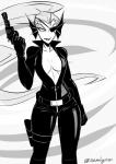 anthro bodysuit breasts cleavage clothed clothing eye_patch eyewear female gun hair handgun latex long_hair non-mammal_breasts partially_clothed ponytail ranged_weapon revolver skinsuit solo standing tight_clothing unzipped weapon zipper sem-l-grim undertale undertale_(series) undyne fish marine 2017 hi_res monochrome