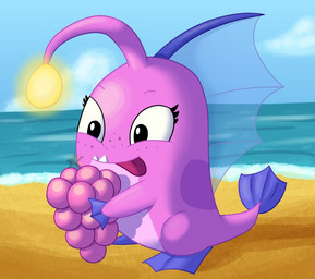 beach blue_body cloud eyelashes fangs feet female female_feral feral fin fin_feet fin_hands food freckled_face freckles fruit grape holding_food holding_object illicium long_eyelashes membrane_(anatomy) plant purple_body sail_(anatomy) sand tail tail_fin teeth toes tongue tongue_out underbite water webbed_feet webbed_hands katonator fruit_nibblers coral_(nibblers) nibbler_(species) 2021
