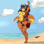 anthro athletic athletic_anthro athletic_female beach big_breasts bikini bikini_bottom blue_hair breasts brown_body brown_eyes brown_fur brown_nipples camel_toe clothed clothing curvy_figure ear_piercing female fur gun hair hands_behind_head long_hair looking_at_viewer markings mole_(marking) navel nipples outside piercing police policewoman ranged_weapon sea seaside smile solo swimwear thick_thighs thigh_strap toned_female topless two-piece_swimsuit water weapon wide_hips third-party_edit zillford sly_cooper_(series) sony_corporation sony_interactive_entertainment sucker_punch_productions carmelita_fox canid canine fox mammal 1:1 color_edit colored hi_res