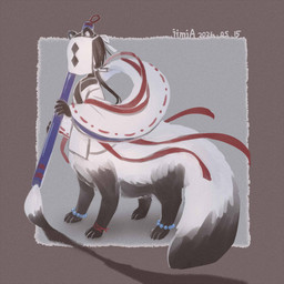 ambiguous_gender asian_clothing belly black_body black_fur black_hair brush clothed clothed_taur clothing countershade_belly countershading east_asian_clothing fluffy fluffy_tail fur grey_background hair holding_brush holding_object holding_paintbrush japanese_clothing kimono long_hair mask multicolored_body multicolored_fur paint paintbrush quadruped reverse_countershading simple_background solo tail two_tone_body two_tone_fur wearing_mask white_body white_fur iimia mammal mammal_taur procyonid procyonid_taur raccoon raccoon_taur taur 1:1 2026 dated hi_res japanese_description