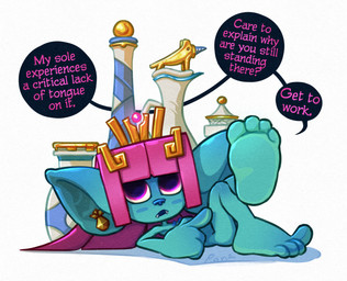 4_fingers 4_toes bangs barefoot big_ears biped blue_body blunt_bangs blush clothing countershade_feet countershading dialogue dominant dominant_female ear_piercing ear_ring egyptian egyptian_clothing egyptian_headdress erect_nipples fangs feet female fingers flat_chested foot_focus footprint gesture hair hand_gesture headdress headgear headwear humanoid_feet humanoid_hands long_hair looking_at_viewer lying nipples no_shoes not_furry nude on_back open_mouth piercing pink_hair plantigrade pointing pointing_at_foot purple_eyes raised_foot raised_leg ring_piercing simple_background soles solo speech_bubble talking_to_viewer teasing teeth text toes vase white_background shugariosa atzi_(shugariosa) goblin humanoid mammal 2021 artist_name digital_drawing_(artwork) digital_media_(artwork) english_text hi_res