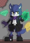 alternative_fashion anthro aura belt black_clothing blue_body blue_fur brick_wall clothing emerald_(gem) fur gem goth graffiti green_aura kerchief male ring simple_background solo wall_(structure) white_body white_fur yellow_eyes darknetic sega sonic_the_hedgehog_(series) fan_character kagen_the_wolf canid canine canis mammal wolf absurd_res digital_media_(artwork) hi_res shaded