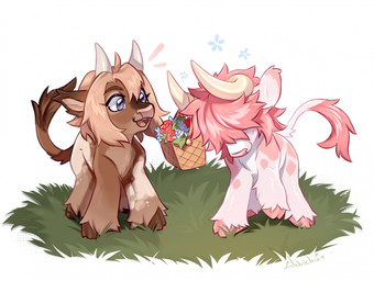 ambiguous_gender basket container duo eyelashes female feral feral_with_hair flower fur grass hair hair_between_eyes hair_over_eyes happy head_horn hooves horn looking_at_another markings multicolored_body multicolored_fur nude open_mouth open_smile plant short_hair sidelocks simple_background smile spots spotted_body spotted_fur tail tail_tuft tuft white_background chibichu~ bovid bovine cattle mammal colored digital_drawing_(artwork) digital_media_(artwork) hi_res shaded