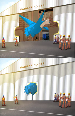 armor bicolor blue_body blue_skin clothed clothed_human clothing construction_worker female feral floating hangar hard_hat headgear helmet light male outside steps sunlight truck vehicle walking white_body white_skin wings flashquatsch nintendo pokemon generation_3_pokemon human latios legendary_pokemon mammal pokemon_(species) hi_res