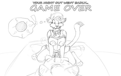 anthro anthro_on_anthro anthro_penetrated anthro_penetrating anthro_penetrating_anthro bed bodily_fluids bottomwear breasts chest_tuft choker clothed clothing clothing_lift cowgirl_position cum cum_overflow dipstick_ears duo ear_markings exclamation_point eyebrows female female_on_top female_penetrated from_front_position fur furniture game_over gameplay_mechanics genital_fluids hair impregnation internal jewelry lying male male/female male_on_bottom male_penetrating male_penetrating_female multicolored_ears necklace nipples nude on_back on_bed on_bottom on_top ovum penetration penile penile_penetration penis_in_vagina sex shirt shirt_lift skirt sperm_cell straddling text topwear tuft unwanted_cum_inside unwanted_ejaculation unwanted_impregnation upskirt_sex vaginal vaginal_penetration furfragged lisa_(furfragged) domestic_cat felid feline felis mammal 16:10 english_text line_art monochrome widescreen