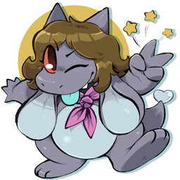 3_toes 4_fingers anthro biped blue_body blue_tongue blush brown_hair cute_fangs eyebrows fangs feet female fingers gesture grey_body hair hand_gesture heart_tail pointy_ears prick_ears red_eyes scarf semi-anthro simple_background snout solo star tail teeth toes tongue tongue_out v_sign white_background kobold_factory mariken_(character) kobold scalie 1:1 2025