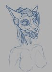 anthro bone canid canine canis damaged digital_media_(artwork) female gore guide_lines hair half_skull horror_(theme) jackal looking_at_viewer low_res mammal notched_ear pain sketch sketch_page skull skull_head solo synth_(disambiguation) the_dark_skull
