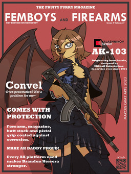 4_fingers ak-103 ak_platform anthro clothed clothing crossdressing crossdressing_male dress femboy fingers garter_straps holding_object holding_ranged_weapon holding_weapon male qr_code ranged_weapon solo text tongue tongue_out trigger_discipline weapon marcus_gray femboys_and_firearms convel_agonicil bat mammal megabat 2023 3:4 cover english_text hi_res magazine_cover meme