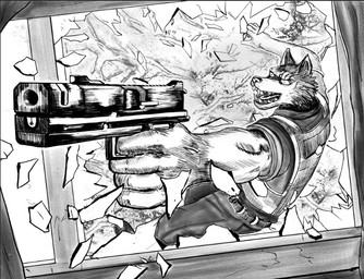 anthro armor clothing gun holding_object holding_weapon ink male military_uniform ranged_weapon solo uniform weapon feed-of-mater beastars legoshi_(beastars) canid canine canis mammal wolf monochrome