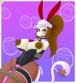 abstract_background accessory anthro arms_tied armwear bdsm big_breasts bit_gag blush bodily_fluids bondage bound breasts brown_body brown_eyeshadow brown_fur brown_hair bunny_costume clothed clothing collar costume easter_egg elbow_gloves exposed_breasts fake_ears fake_rabbit_ears female fishnet_clothing fishnet_leggings fishnet_legwear forced forced_masturbation fur gag gagged garter glistening glistening_clothing gloves hair handwear hat headgear headwear hitachi_magic_wand holidays huge_hips huge_thighs latex latex_clothing leggings legs_tied legwear leotard masturbation masturbation_through_clothing necktie nipples pink_eyes pokemorph ponytail saliva sex_toy shirt_collar small_waist solo thick_thighs vibrating vibrator wand_vibrator white_body white_fur wide_hips alyrise easter nintendo pokemon canid canine generation_2_pokemon mammal pokemon_(species) smeargle hi_res